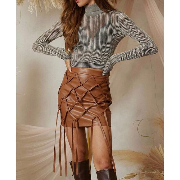 Micas Dresses & Skirts - Micas Brown Faux Leather Fringe Mini Skirt‎ Boho Festival Party Wear M